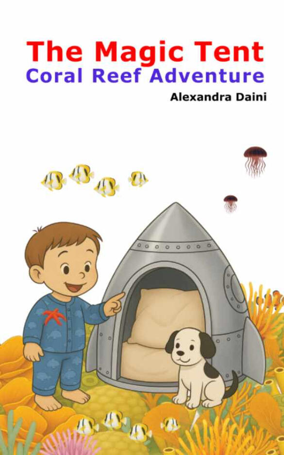 The Magis tent Book cover. Boy a silver tent and a black and white dog on a coral reef sea floor.