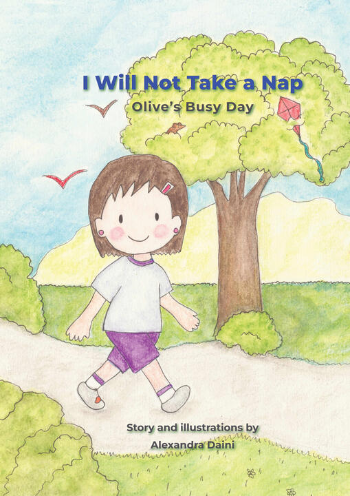 Book cover, illustration of a girls walking in the park.